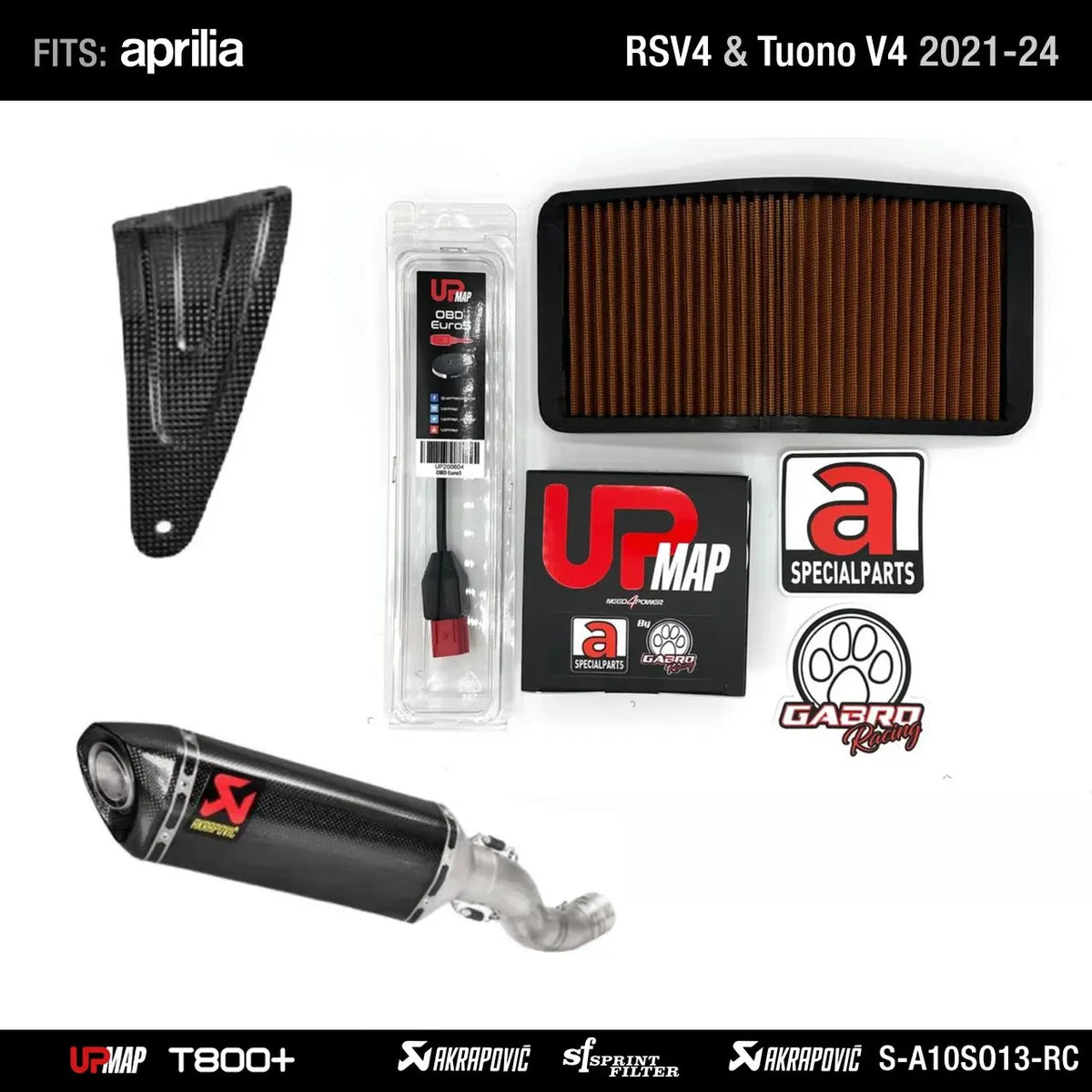 Bundle: Akrapovic Slip-On for Aprilia RS V4 Tuono V4 + Carbon Bracket RS V4 Tuono V4 + UpMap RS V4 Tuono V4 2021 onwards + Sprint Filter PM147S