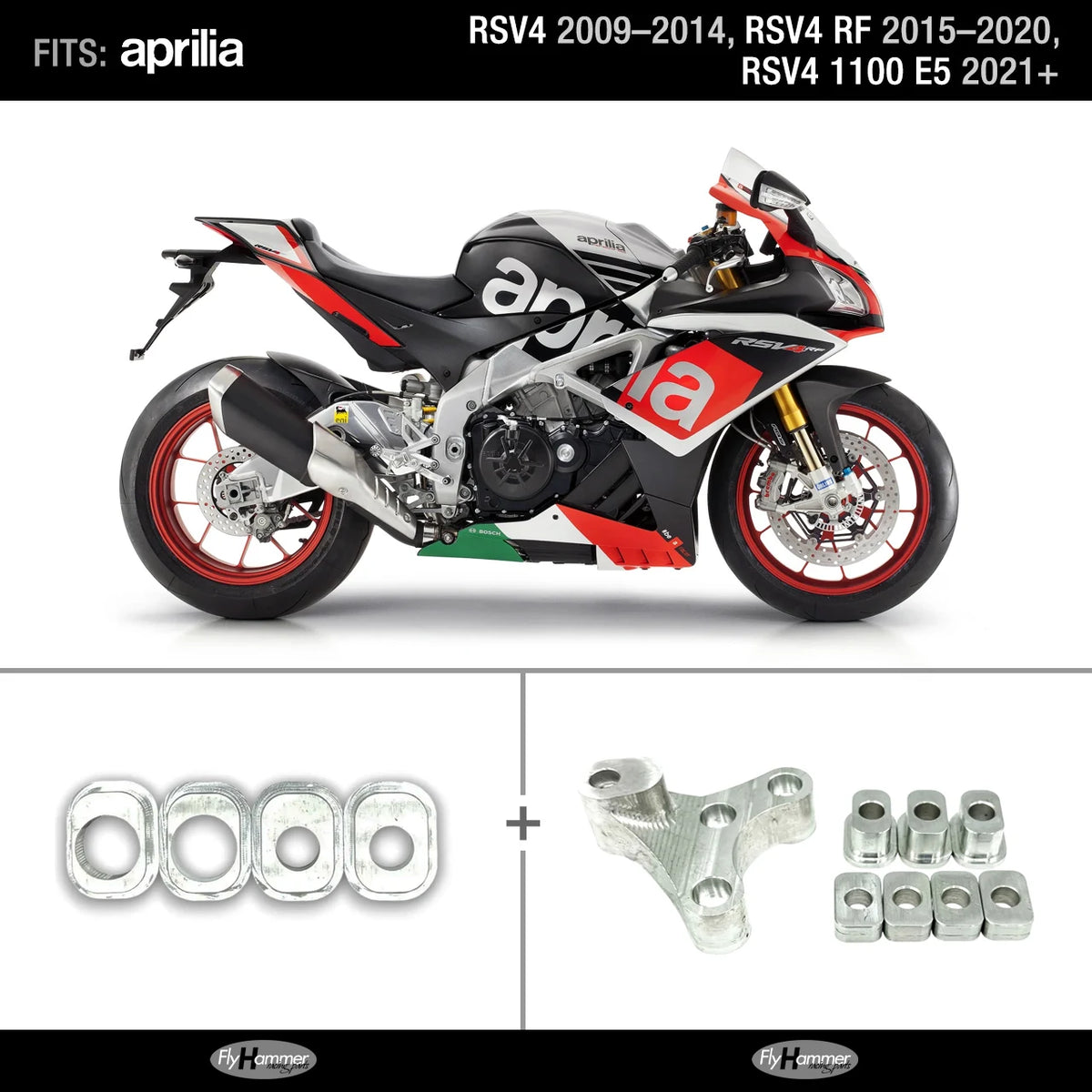 Bundle FlyHammer Chassis Adjustment Kit for Rsv4, +0 Engine Position and +/- 2.5mm Swingarm Pivot