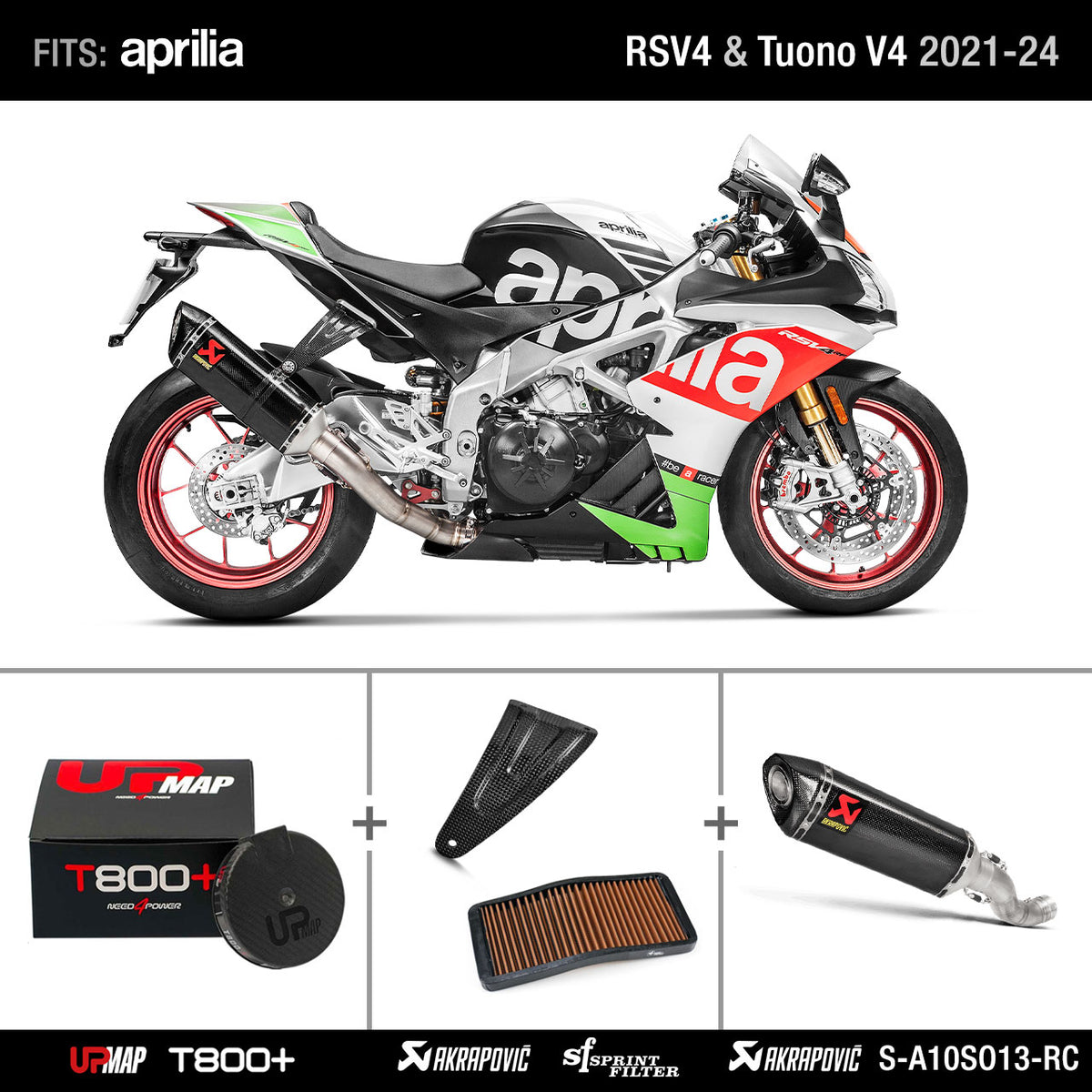 Bundle: Akrapovic Slip-On for Aprilia RS V4 Tuono V4 + Carbon Bracket RS V4 Tuono V4 + UpMap RS V4 Tuono V4 2021 onwards + Sprint Filter PM147S