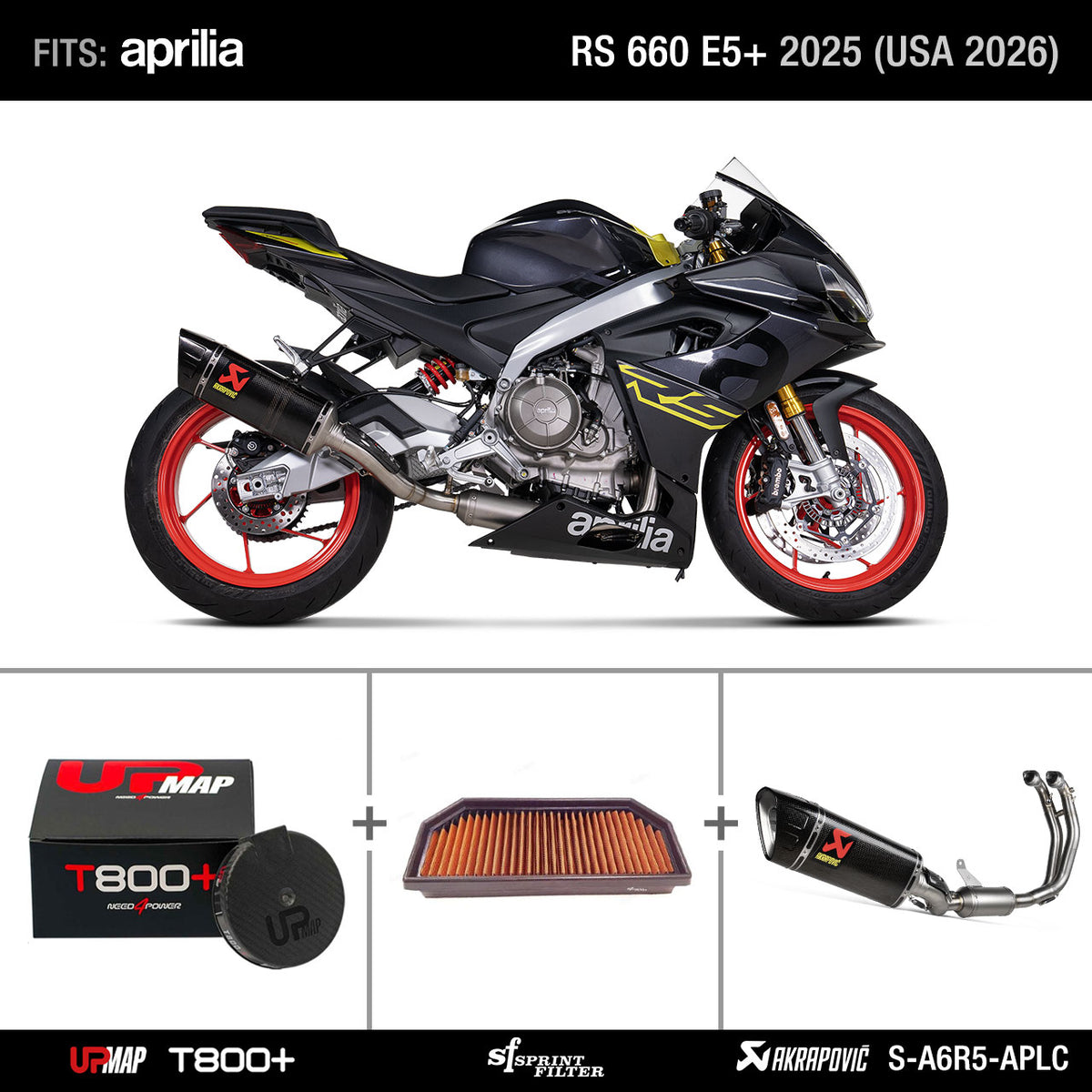 Bundle RS 660 E5+ 2025 (USA 2026): Sprint Filter PM176S + Akrapovic S-A6R5-APLC (ex S-A6R3-APLC) + UpMap
