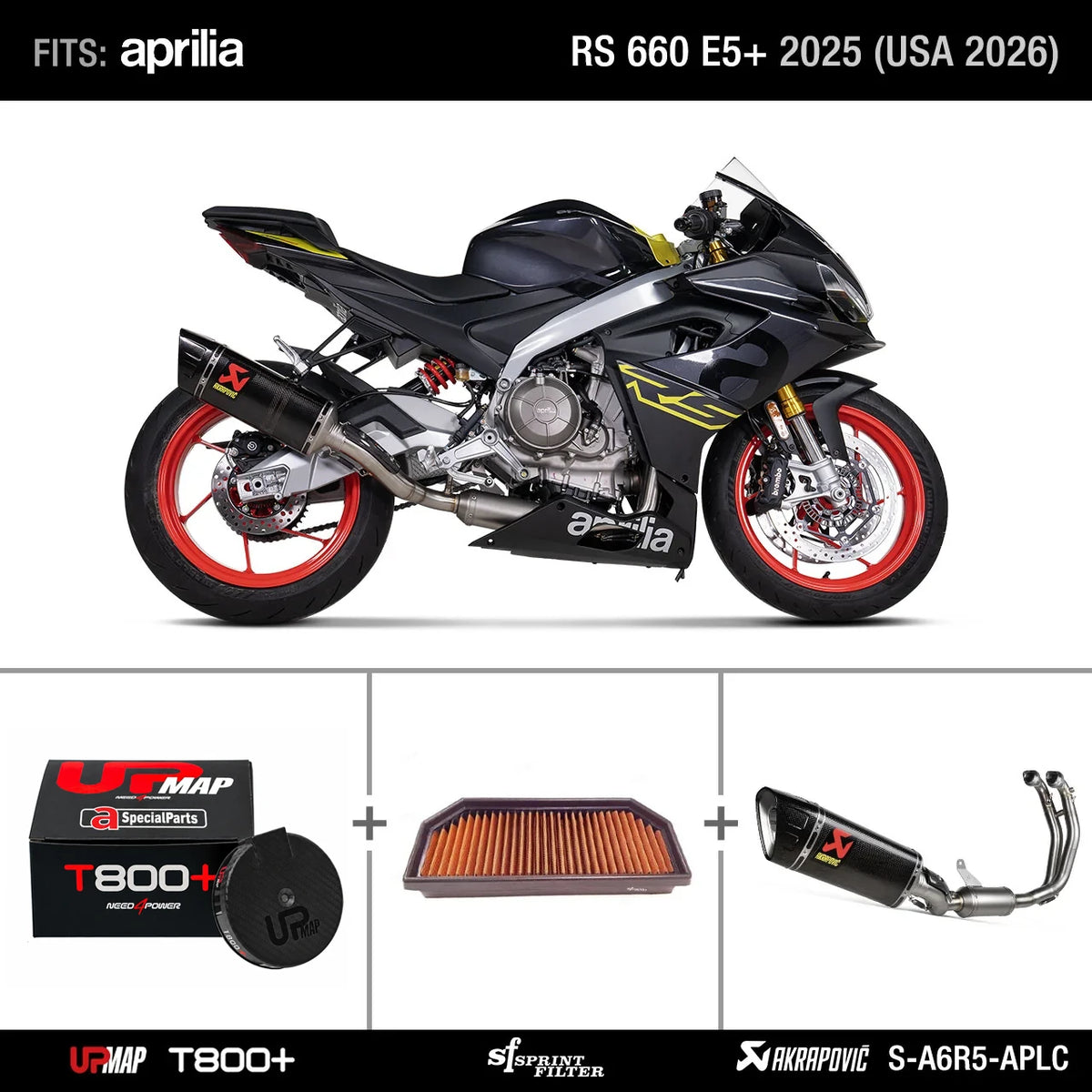 Bundle RS 660 E5+ 2025 (USA 2026): Sprint Filter PM176S + Akrapovic S-A6R5-APLC (ex S-A6R3-APLC) + UpMap