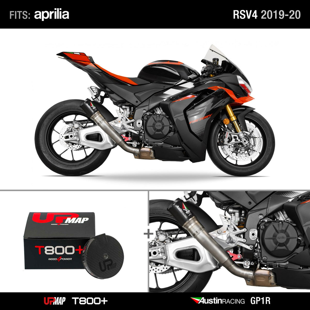 Bundle Aprilia RS V4 2019-2020: Austin Racing GP1R De-Cat RACE BLACK + UpMap