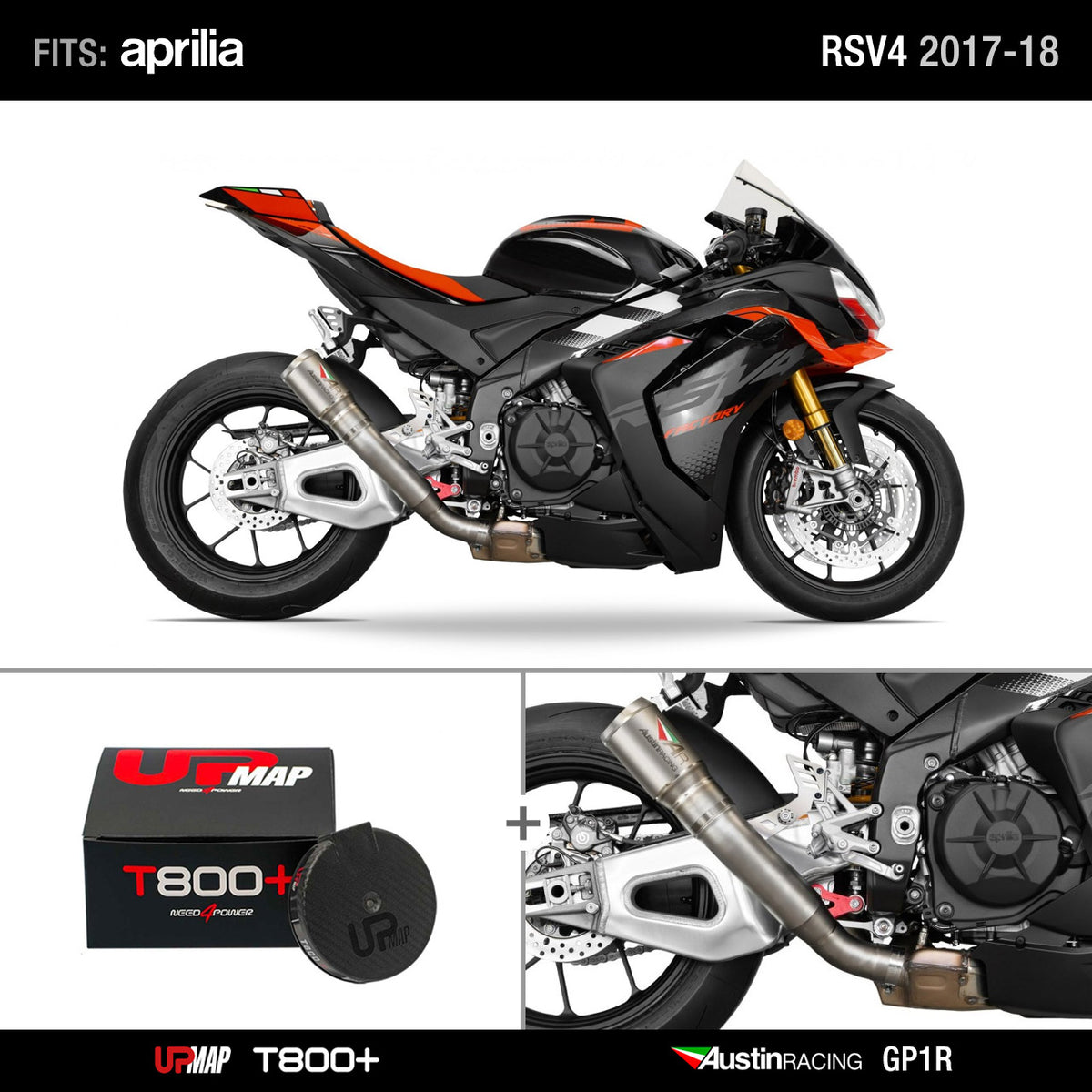 Bundle Aprilia RS V4 2017-2018: Austin Racing GP1R De-Cat RACE TITANIUM + UpMap