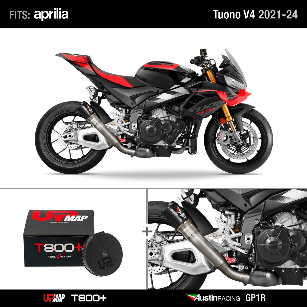 Bundle Aprilia Tuono V4: Austin Racing 2021-2024 Tuono V4 De-Cat Race GP1R + UpMap