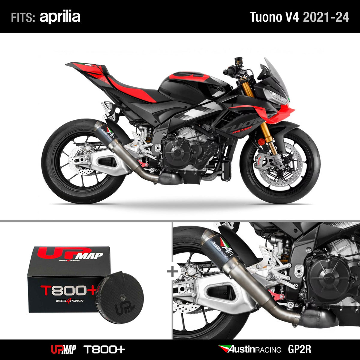 Bundle Aprilia Tuono V4: Austin Racing 2021-2024 Tuono V4 De-Cat Race GP2R + UpMap