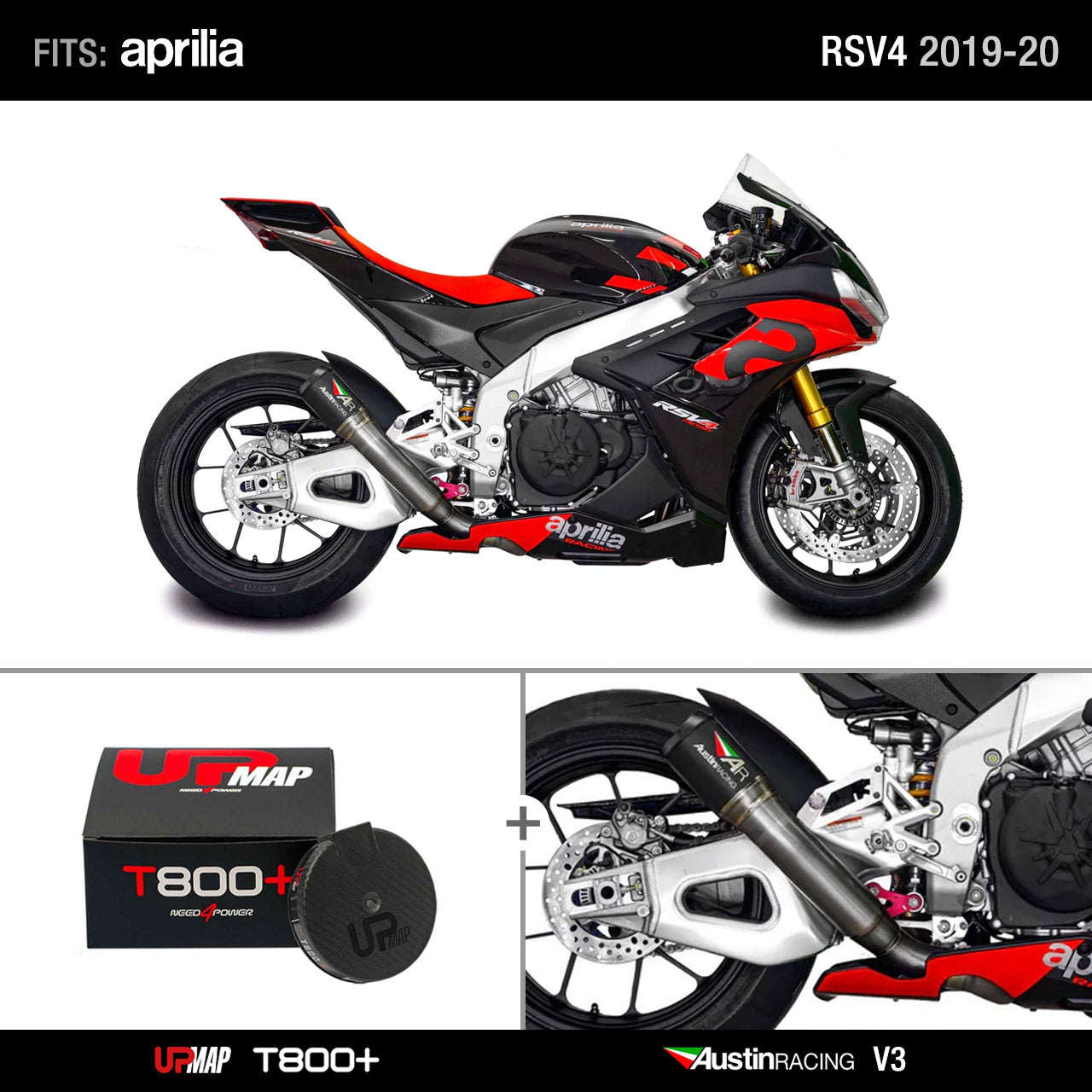 Bundle Aprilia RS V4 2019-2020: Austin Racing V3 De-Cat RACE BLACK + UpMap