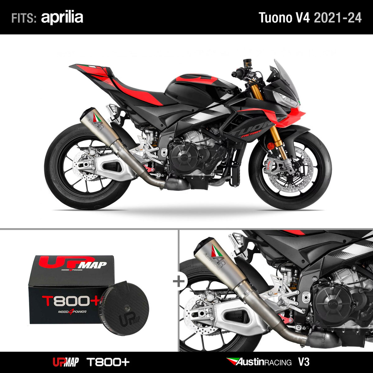 Bundle Aprilia Tuono V4: Austin Racing 2021-2024 Tuono V4 De-Cat Race V3 + UpMap
