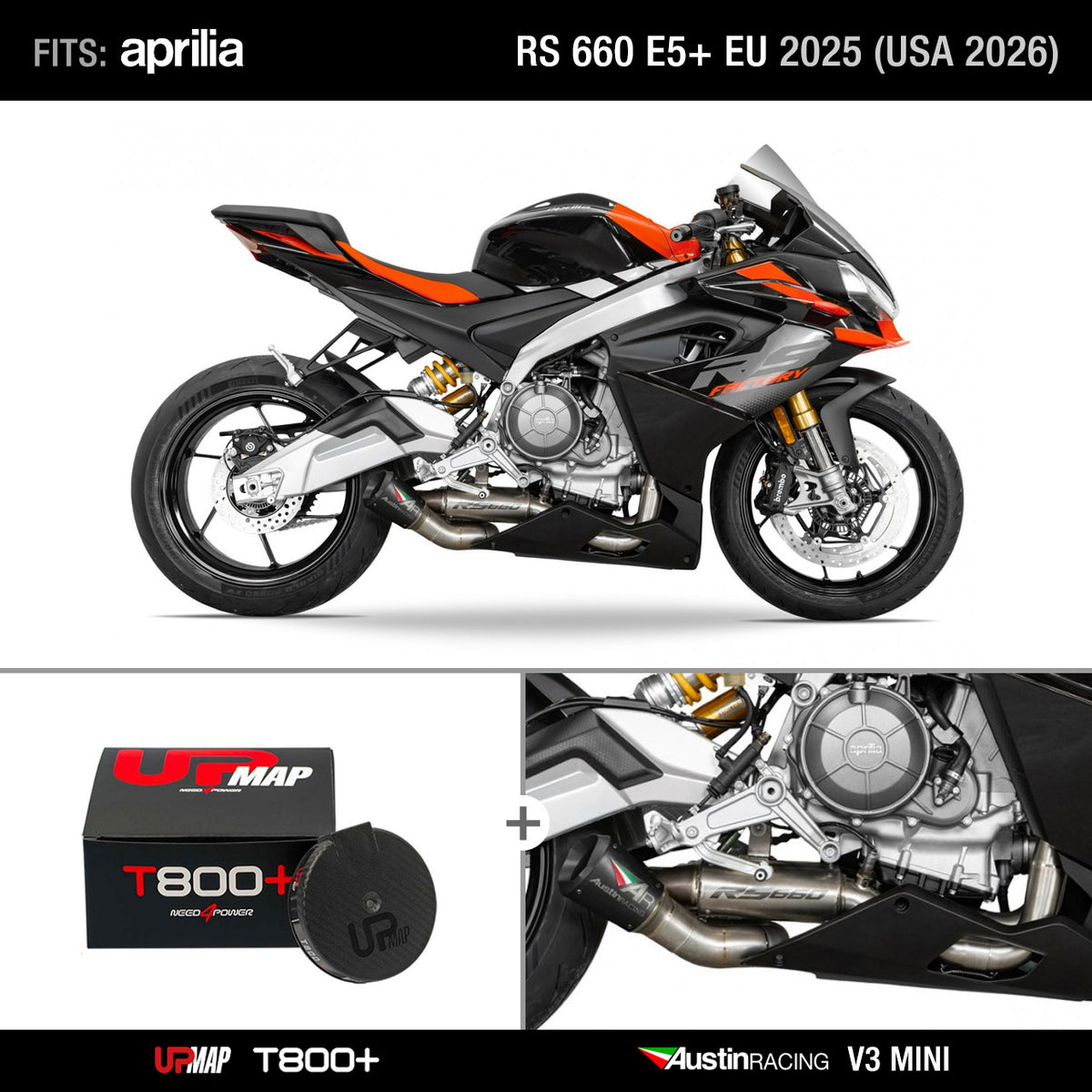 Bundle Aprilia RS 660 E5+ EU 2025 (USA 2026): Austin Racing V3 Mini NO HEADERS, Black tip  + UpMap