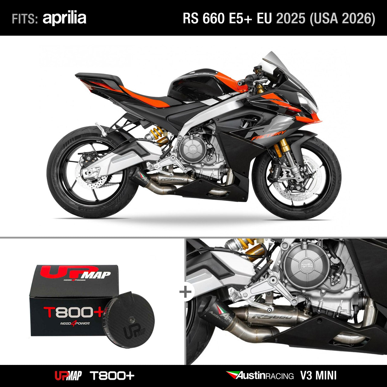 Bundle Aprilia RS 660 E5+ EU 2025 (USA 2026): Austin Racing V3 Mini NO HEADERS, Black tip  + UpMap