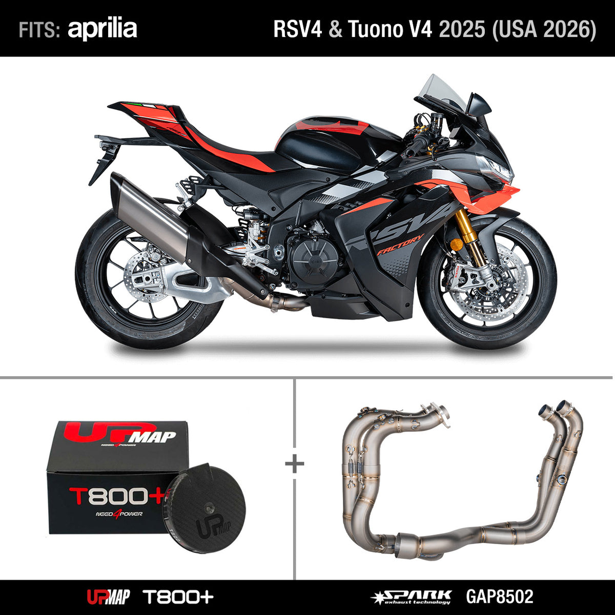 Bundle Spark Titanium Headers GAP8502 for Aprilia RS V4 Tuono V4 2025 (USA 2026) + UpMap