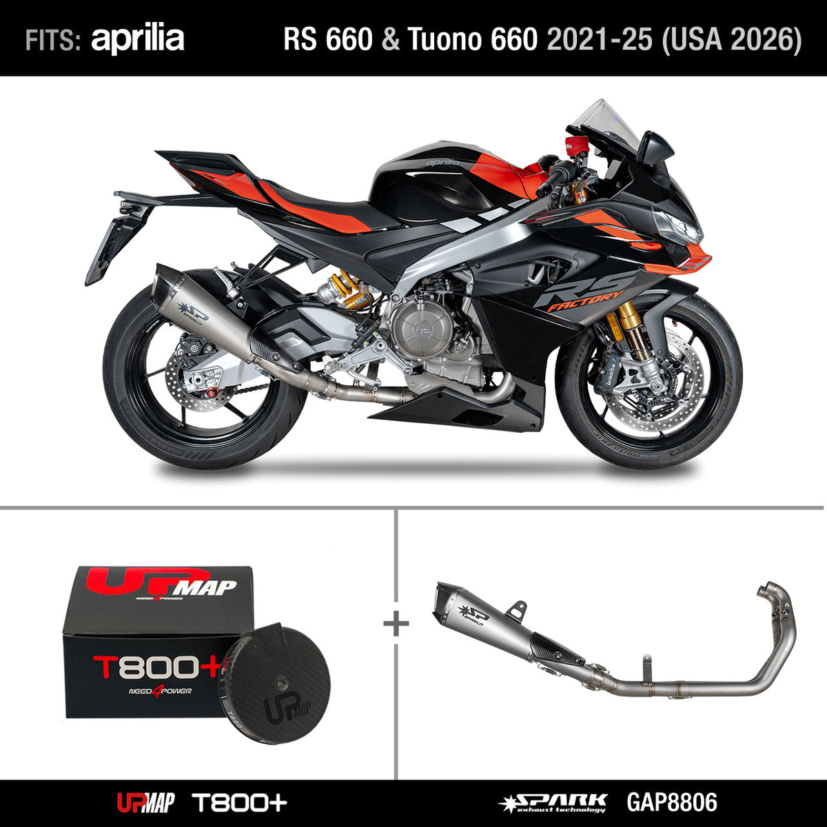 Bundle Spark Titanium Full Exhaust GAP8806 for Aprilia RS 660 Tuono 660 (Konix Evo) 2021-2025(USA 2026) + UpMap