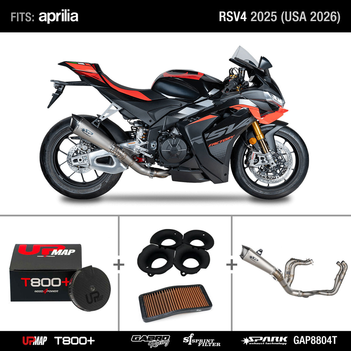 Bundle Aprilia RS V4 2025 (USA 2026): Spark Konix Full GAP8804T + UpMap + Sprint Filter + Velocity Stacks by GRT