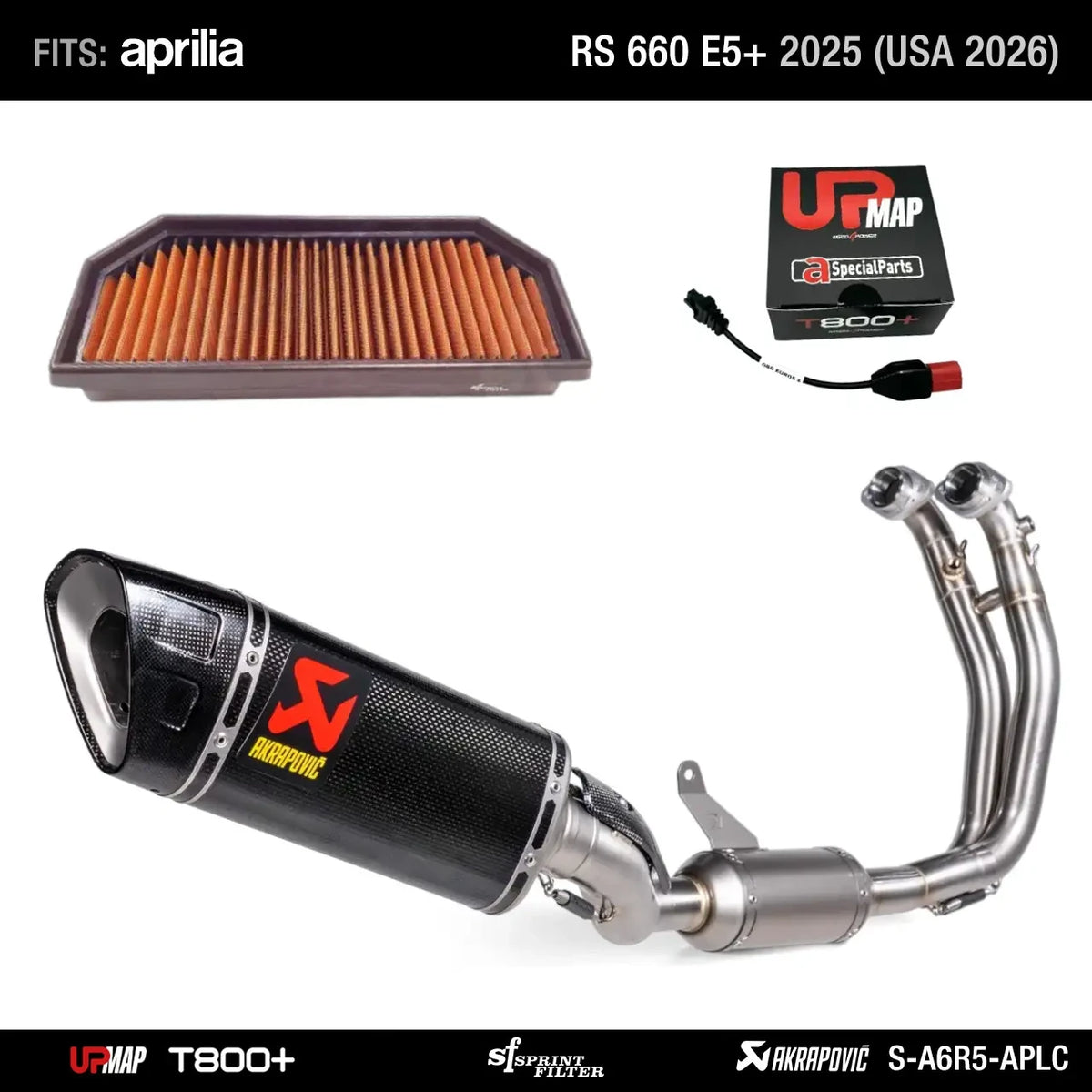 Bundle RS 660 E5+ 2025 (USA 2026): Sprint Filter PM176S + Akrapovic S-A6R5-APLC (ex S-A6R3-APLC) + UpMap