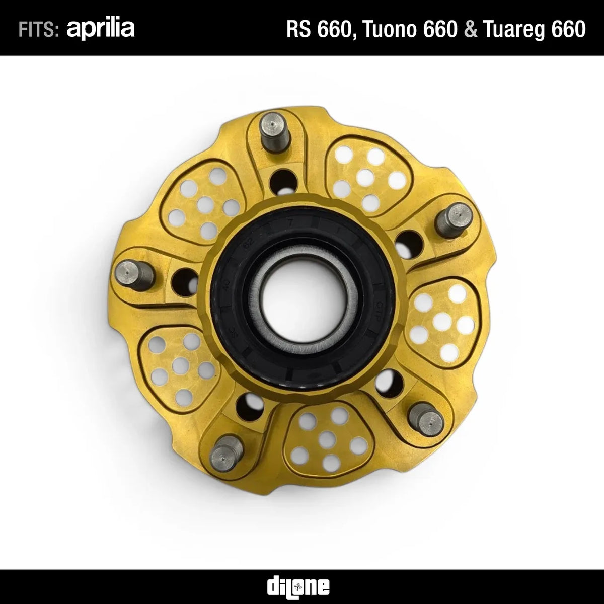 Sprocket Carrier by Dilone (new version, lighter) for Aprilia RS 660 Tuono 660 Tuareg 660 in Ergal Aluminium Gold